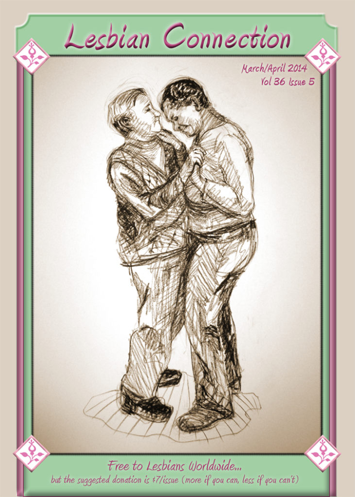 LC Cover Mar/Apr 2014; Vol. 36, Issue 5 - pale cream background framed by pale pink and mint green border w/ pencil sketch of 2 women dancing together